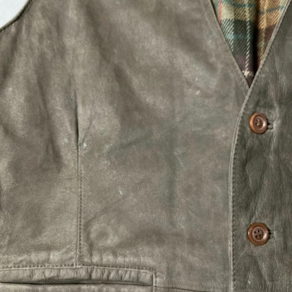 Green Fields Leather Vest Men XXL Brown Taupe Pockets Plaid Lining